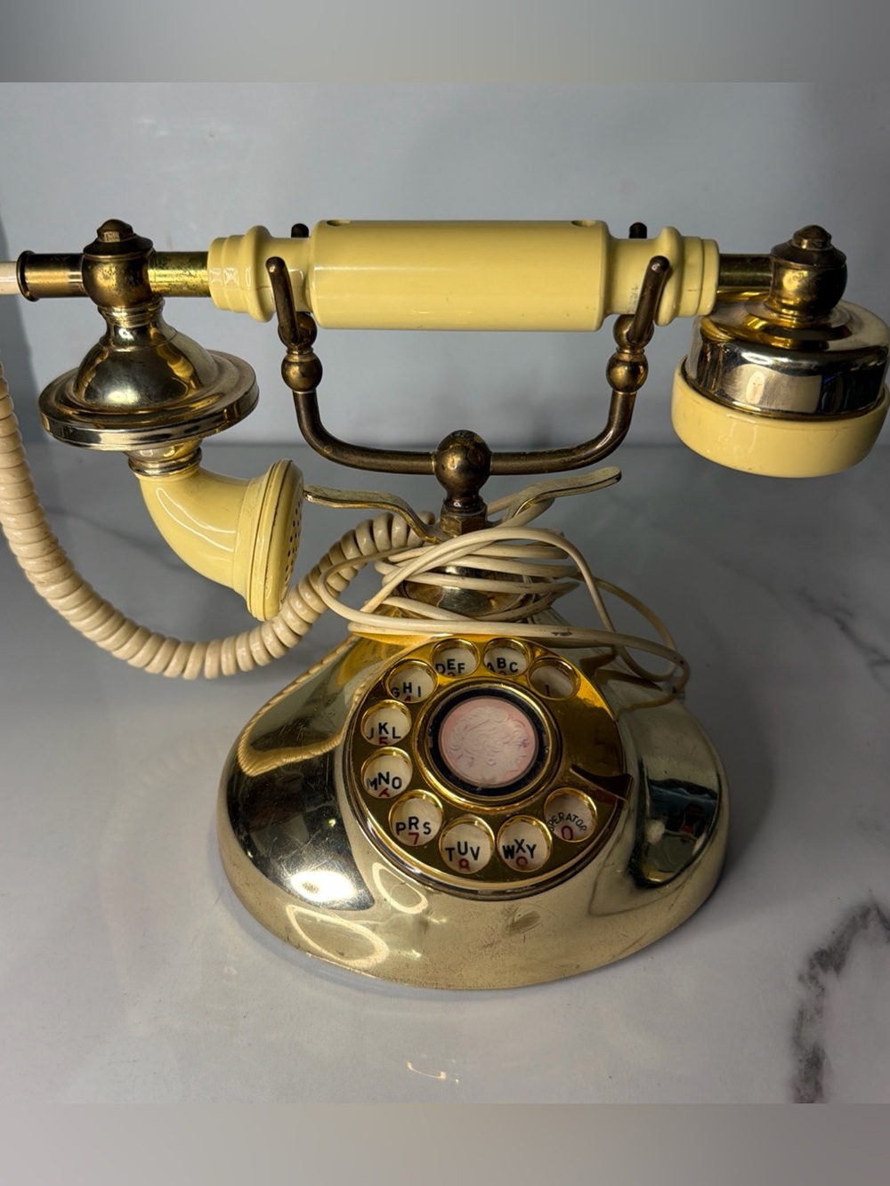 1960 Vintage-Style Brass & Cream Rotary Telephone - Classic Decorative Phone